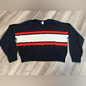 H&M Divided Black Crewneck Sweater with Red and White Stripes - Size Medium